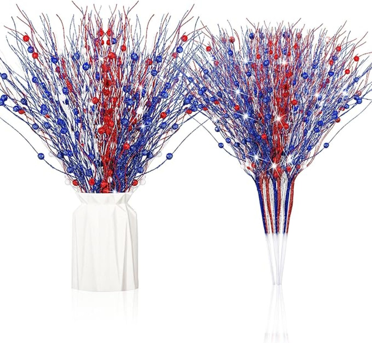 32 Pack Patriotic Berry Stem Picks for Vase, 17 Inches Red White Blue Floral Picks for 4th of July Memorial Day Decorations, Artificial Glittery Branches Ornaments(Red, Blue, White)